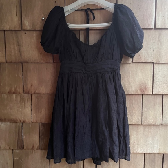 &merci Crinkle Babydoll Mini Dress High Waist Black Fit & Flair Puff Sleeve L - Picture 2 of 12